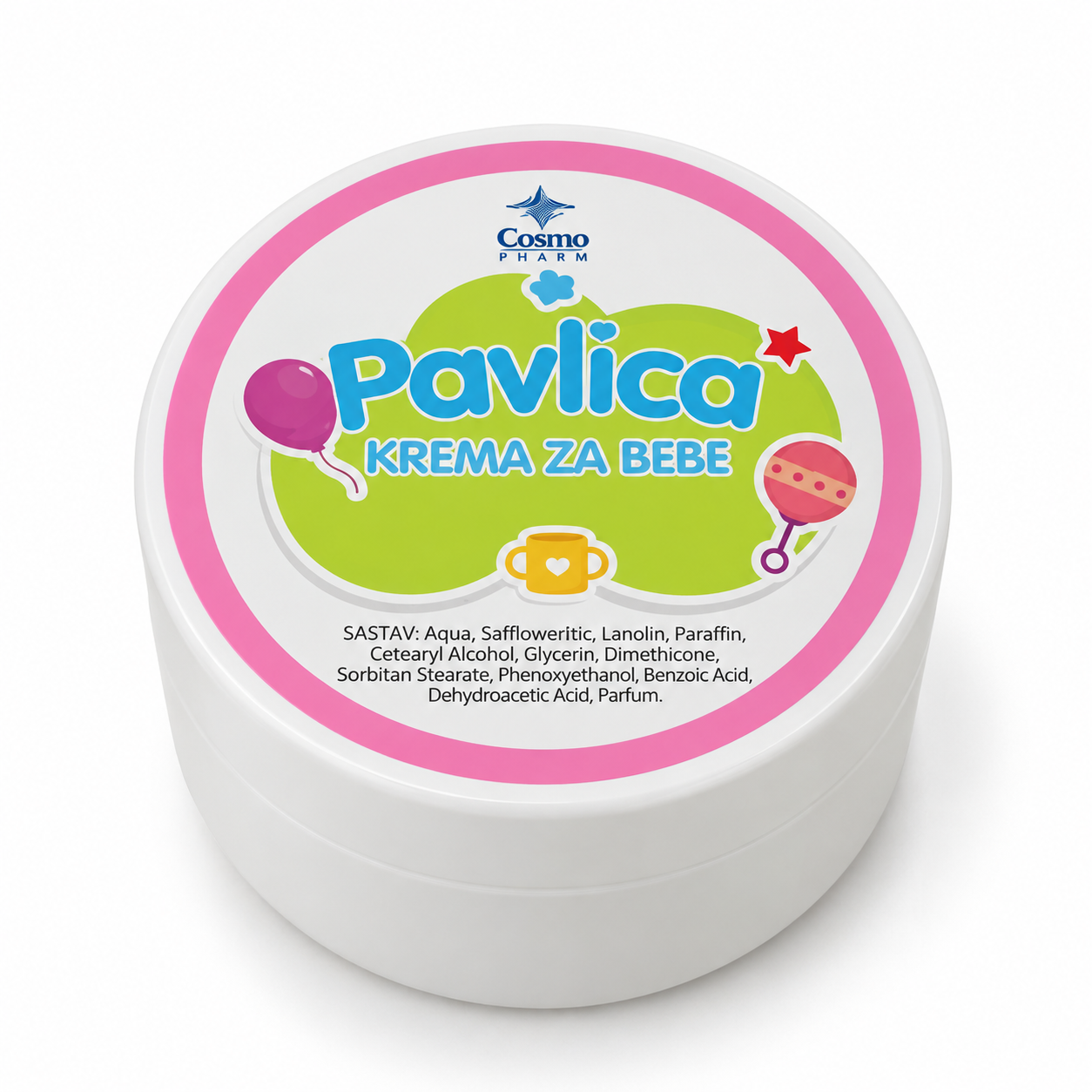 Pavlica krema za bebe 100 ml Cosmo Pharm bela teglica sa roze zelenom etiketom